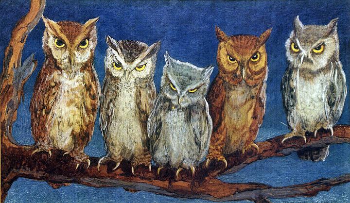 owls.jpg - Five Owls, collection E. Seling
*Note: paintings not labled as oil or watercolor were done in a technique developed by Ruth Wolff. We are unclear as to the details but it was a multilayer technique using caseins, inkwashes, and possibly other media